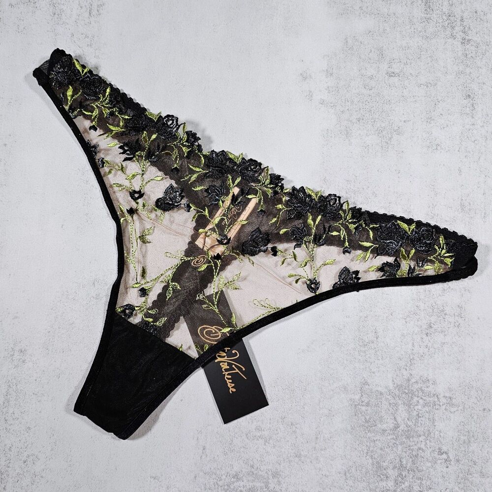 Dita Von Teese Rosewyn Black/Green Embroidered Mesh G-String Panty